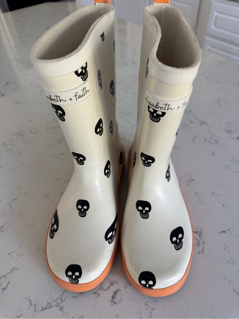 Elisabeth + Faith Kids White Skull Rain Boots with Orange Sole